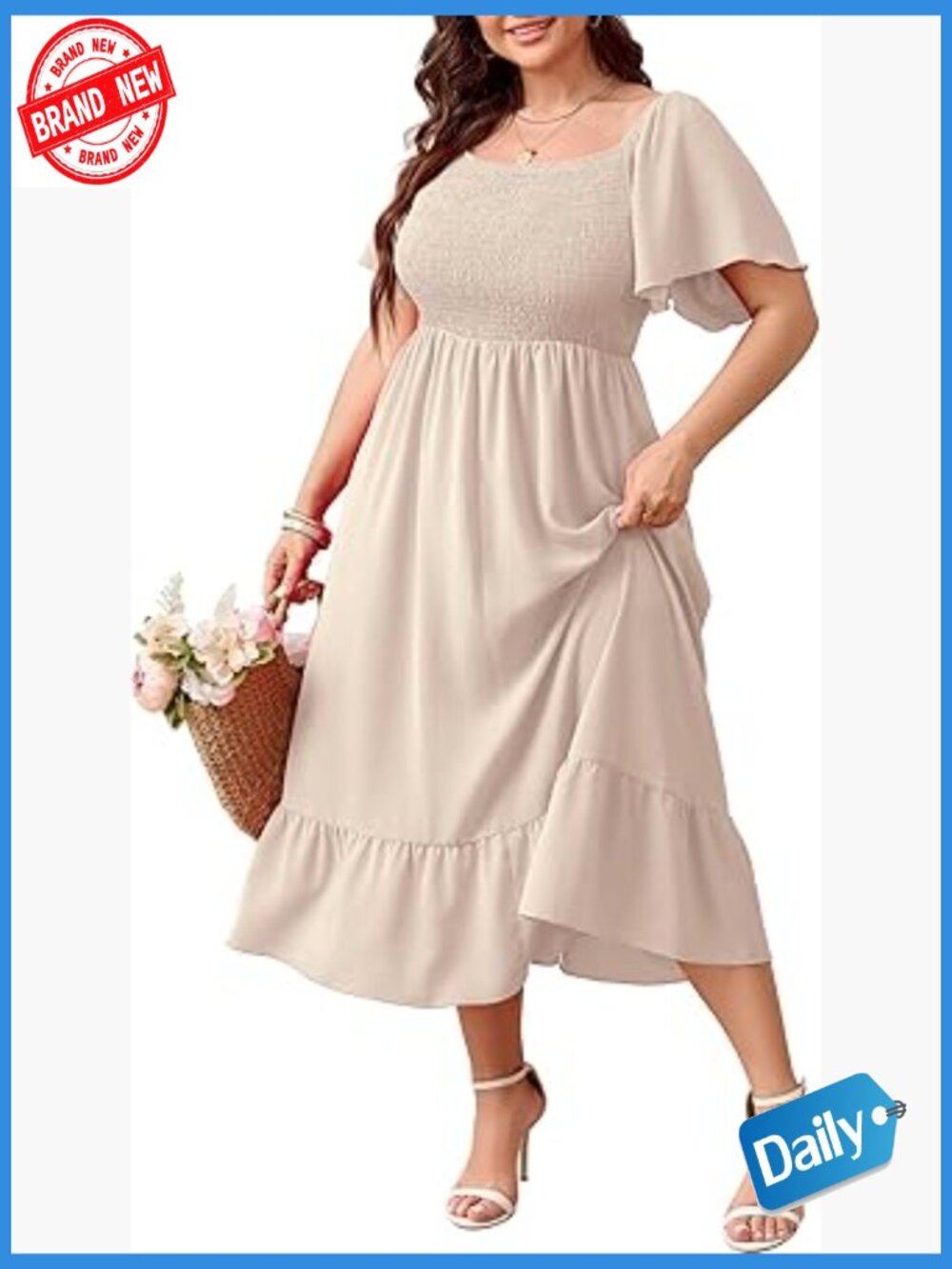Plus Size Maxi Dress Smocked Scoop Neck Boho Flowy Long Dress Short Sleeve